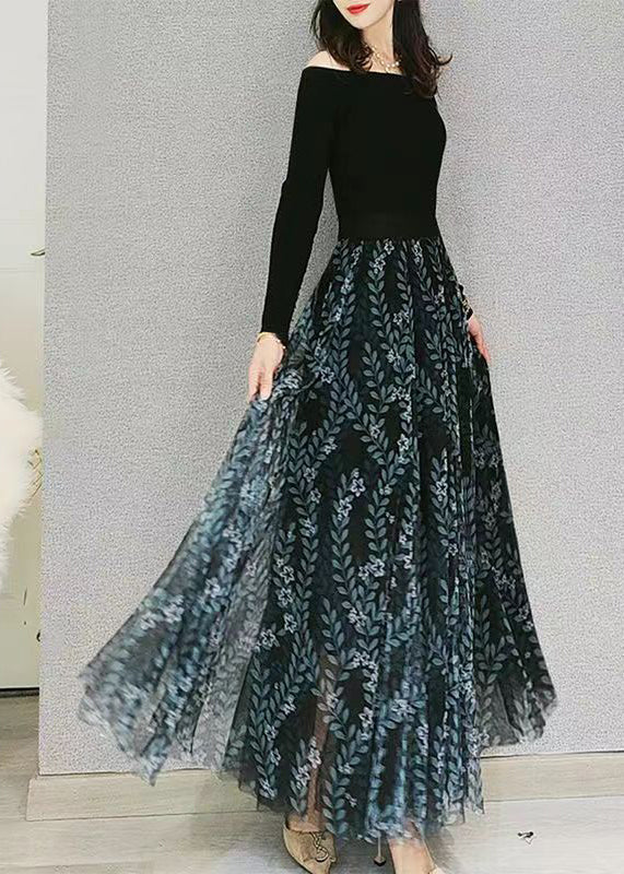 Green Print Elastic Waist Loose Tulle Skirt Spring