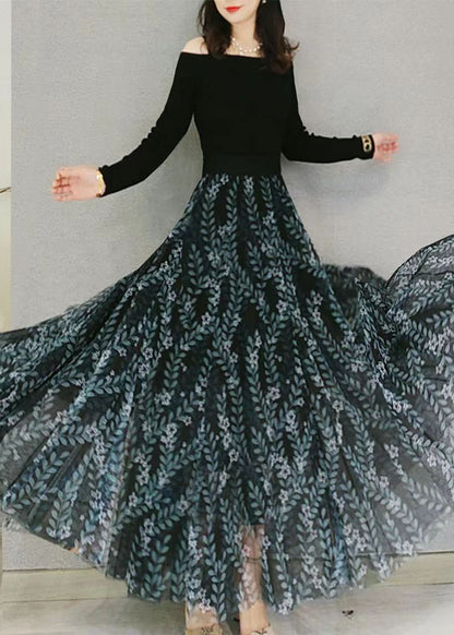 Green Print Elastic Waist Loose Tulle Skirt Spring