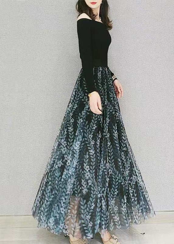 Green Print Elastic Waist Loose Tulle Skirt Spring