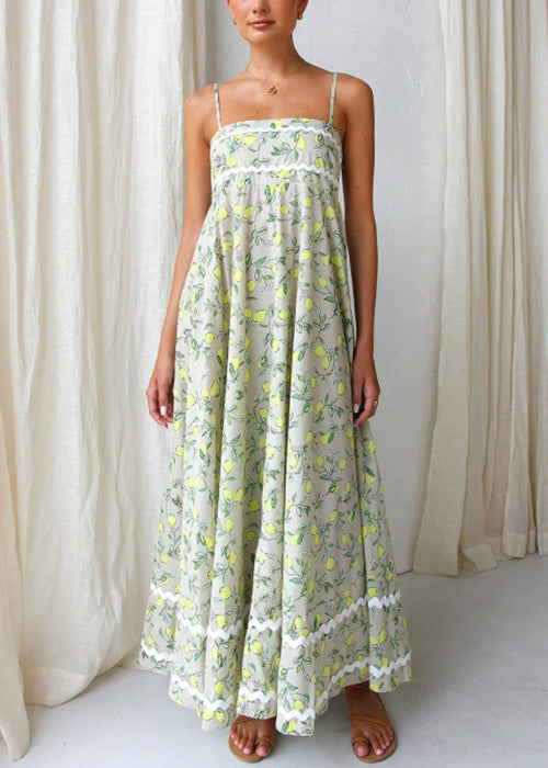 Green Print Patchwork Cotton Spaghetti Strap Dress Summer