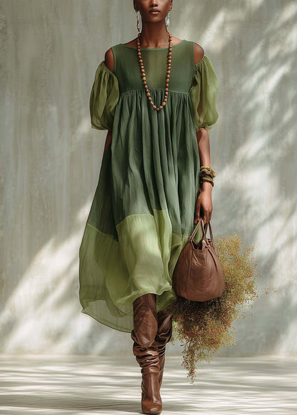 Green Puff Sleeve Patchwork Cotton Vacation Dress