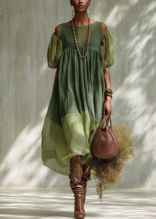 Green Puff Sleeve Patchwork Cotton Vacation Dress