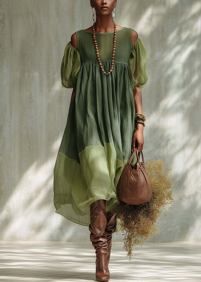Green Puff Sleeve Patchwork Cotton Vacation Dress