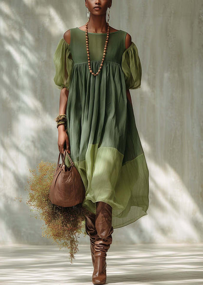 Green Puff Sleeve Patchwork Cotton Vacation Dress