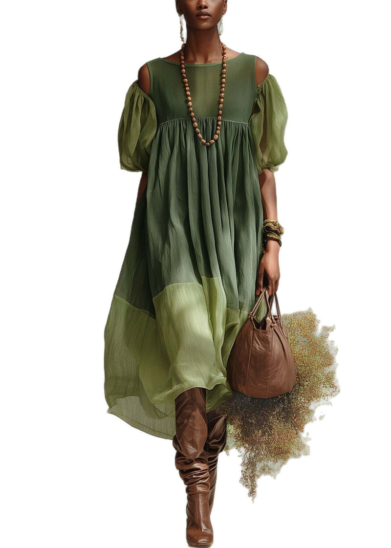 Green Puff Sleeve Patchwork Cotton Vacation Dress