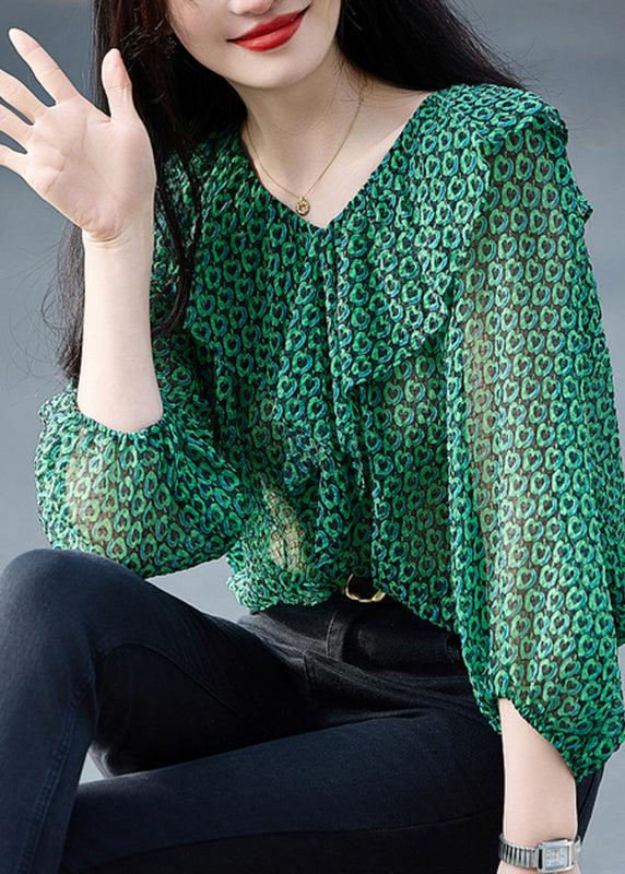 Green Ruffled Print Chiffon Top Bracelet Sleeve