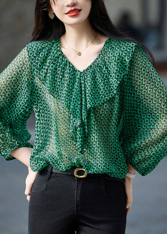 Green Ruffled Print Chiffon Top Bracelet Sleeve