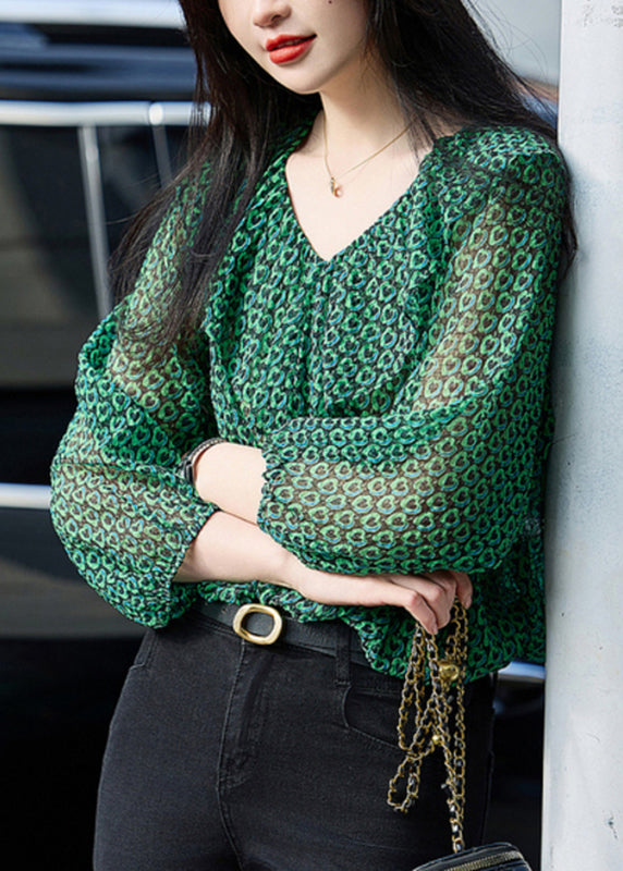 Green Ruffled Print Chiffon Top Bracelet Sleeve