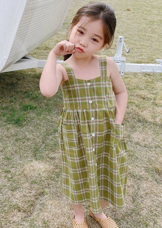 Green Square Collar Plaid Patchwork Button Long Dress Sleeveless