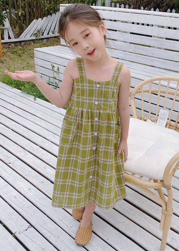 Green Square Collar Plaid Patchwork Button Long Dress Sleeveless