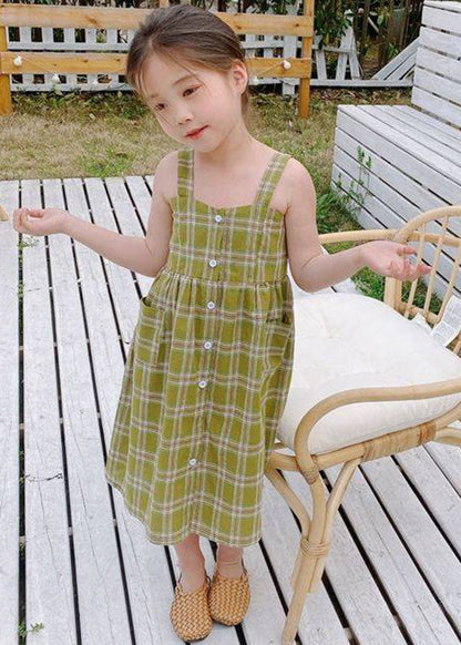 Green Square Collar Plaid Patchwork Button Long Dress Sleeveless