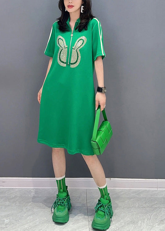 Green Stand Collar Mid Dress Summer