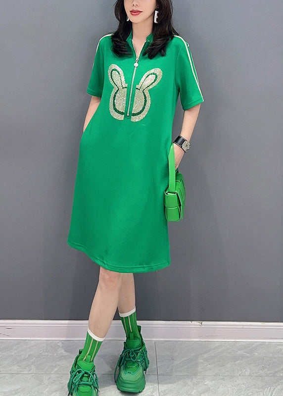 Green Stand Collar Mid Dress Summer