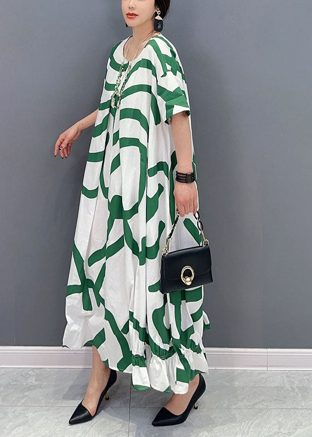 Green Striped Oversized Wrinkled Cotton Maxi Dresses Summer