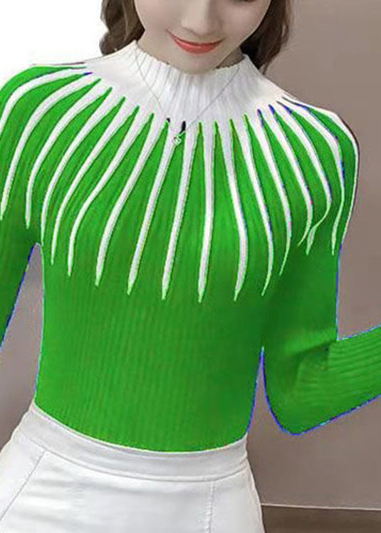 Green Turtleneck Striped Thick Knit Sweaters Bottoming Shirt