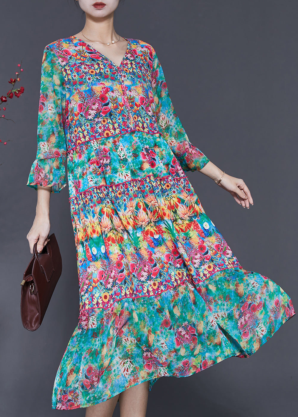 Green V Neck Print Silk Holiday Dress Summer
