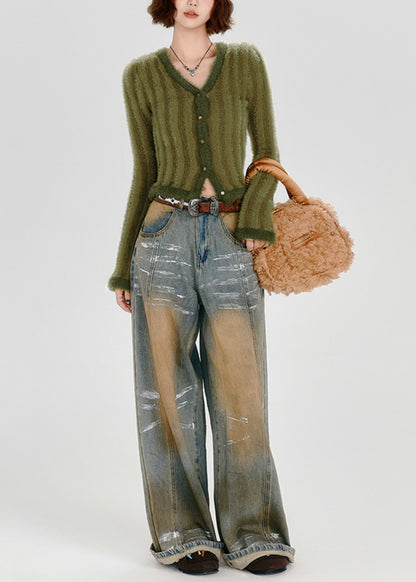 Green V Neck Striped Fuzzy Fur Fluffy Knit Cardigans Winter