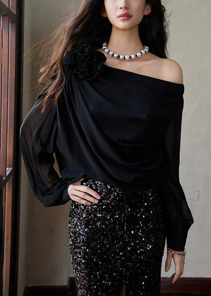 Grey Asymmetrical Chiffon Shirt Long Sleeve