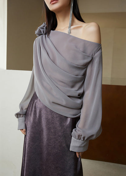 Grey Asymmetrical Chiffon Shirt Long Sleeve