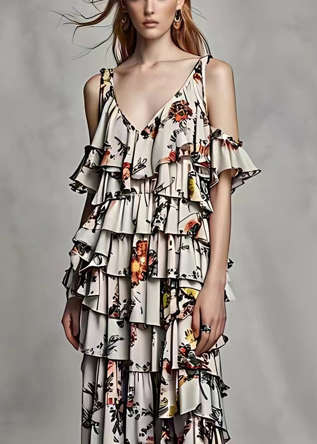 Grey Cold Shoulder Print Silk Long Dresses Summer