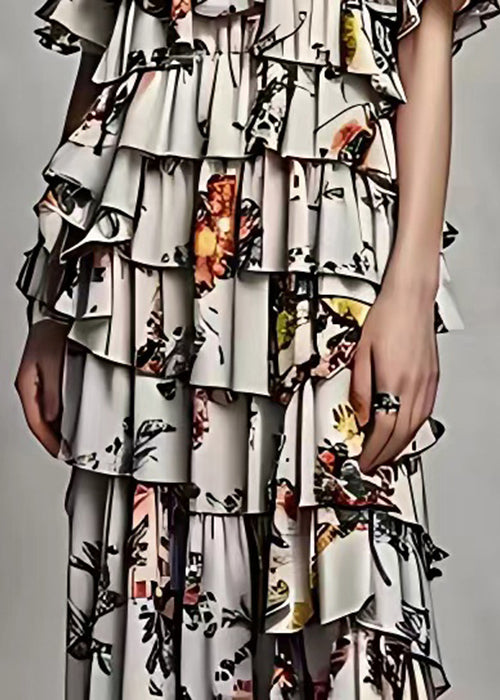 Grey Cold Shoulder Print Silk Long Dresses Summer