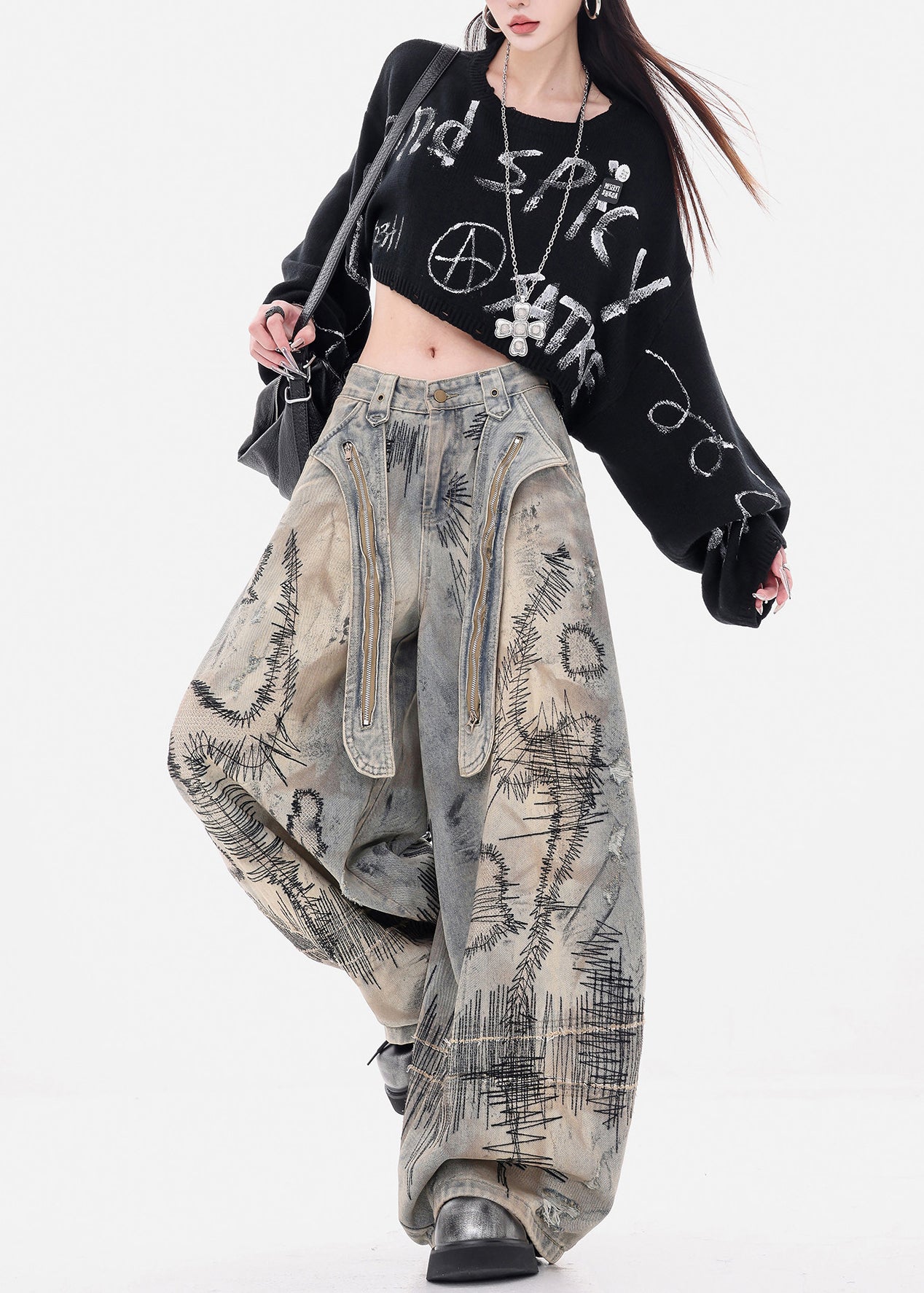 Grey Embroidered Denim Wide Leg Pants Spring