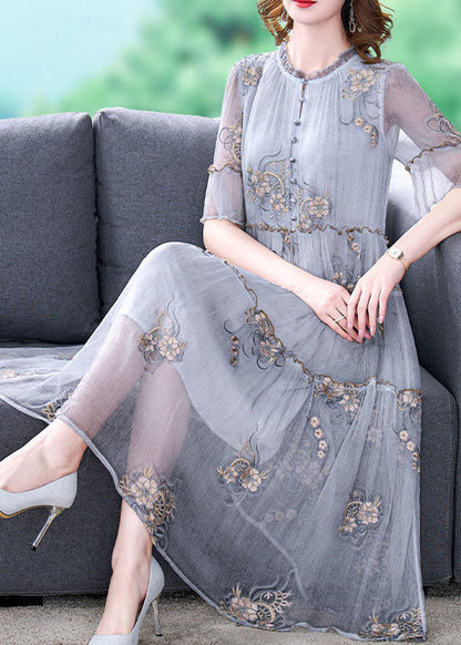 Grey Embroideried Ruffled Exra Large Hem Silk Holiday Dress Summer
