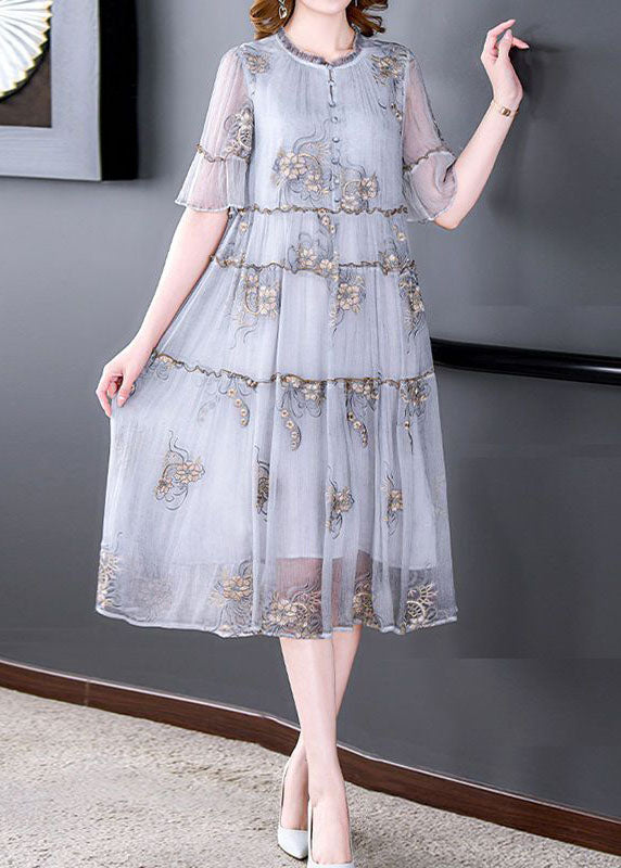 Grey Embroideried Ruffled Exra Large Hem Silk Holiday Dress Summer