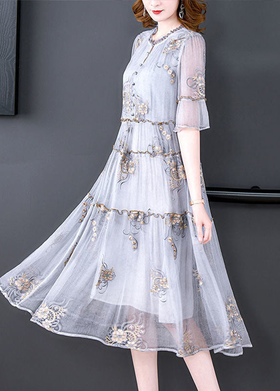 Grey Embroideried Ruffled Exra Large Hem Silk Holiday Dress Summer