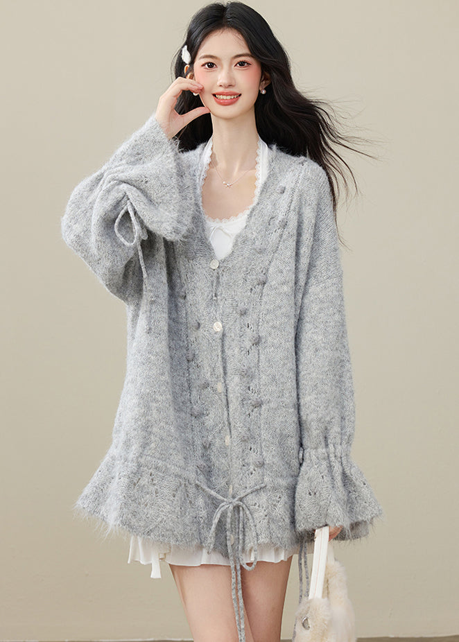 Grey Fuzzy Ball Decorated Drawstring Knit Cardigan Spring