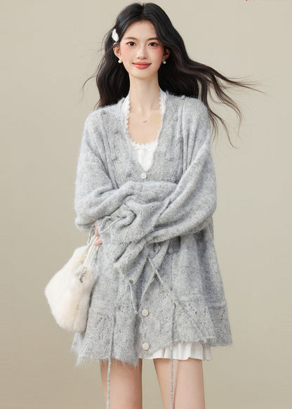 Grey Fuzzy Ball Decorated Drawstring Knit Cardigan Spring