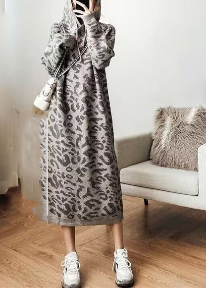 Grey Leopard Cozy Hoodie Knit Sweater Dress Fall