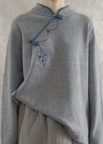 Grey Loose Oriental Fall Knit Long Knit Sweaters