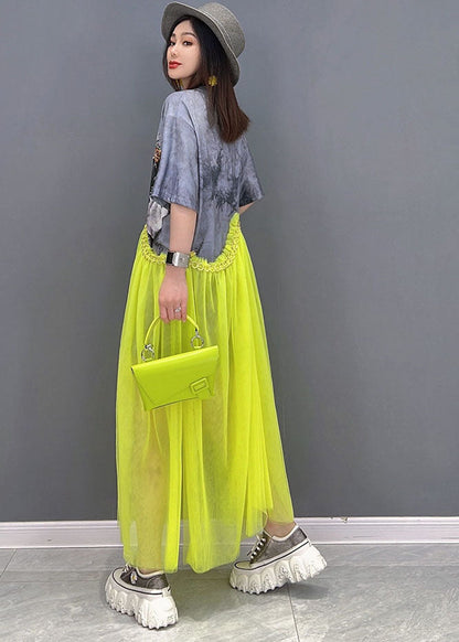 Grey O-neck Patchwork Tulle Print Cotton Maxi Dress Short Sleeve