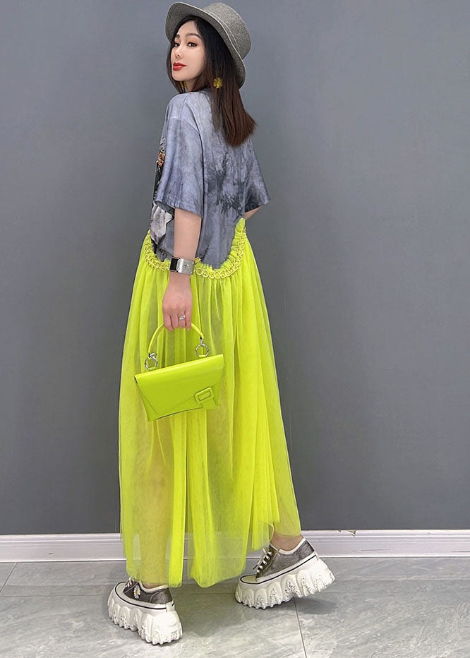 Grey O-neck Patchwork Tulle Print Cotton Maxi Dress Short Sleeve