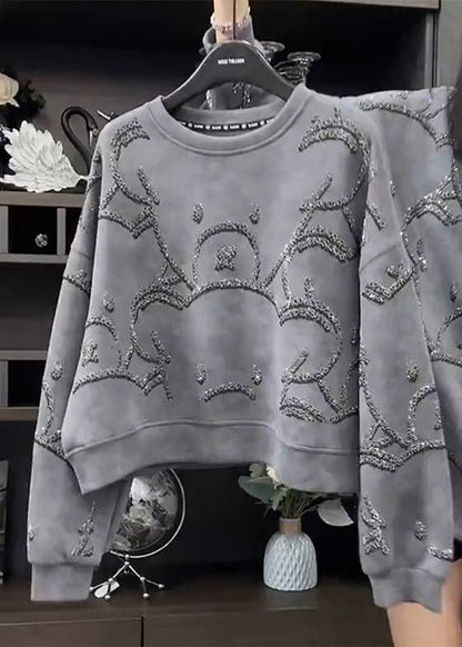 White Text O-neck Sequins Sweatshirt Spring