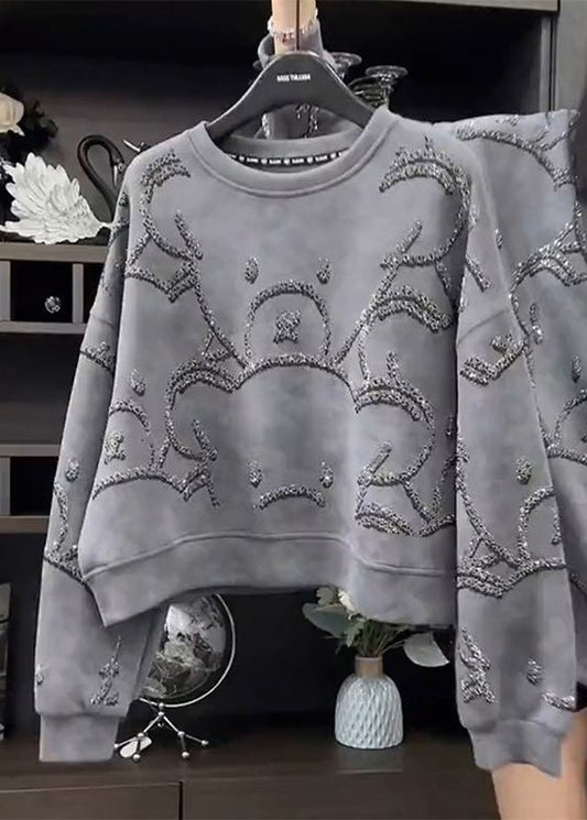 Grey O-neck Sequins Sweatshirt Spring