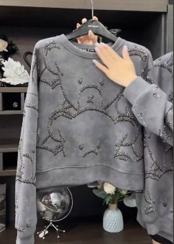 White Flowers O-neck Sequins Sweatshirt Spring