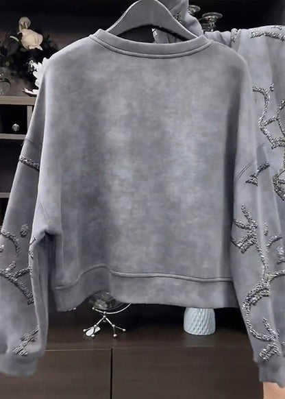White Flowers O-neck Sequins Sweatshirt Spring