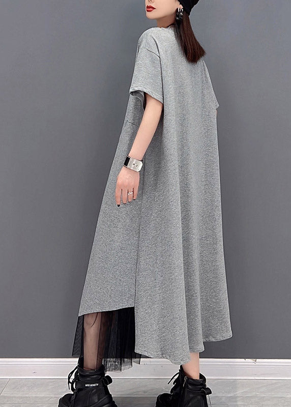 Grey O-neck Zippered Tulle Patchwork Dresses Short Sleeve