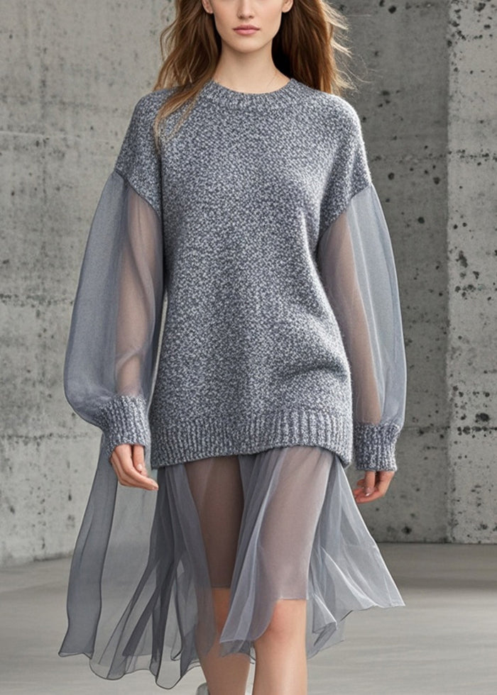 Grey Oversized Patchwork Tulle Knitted Dress Fall