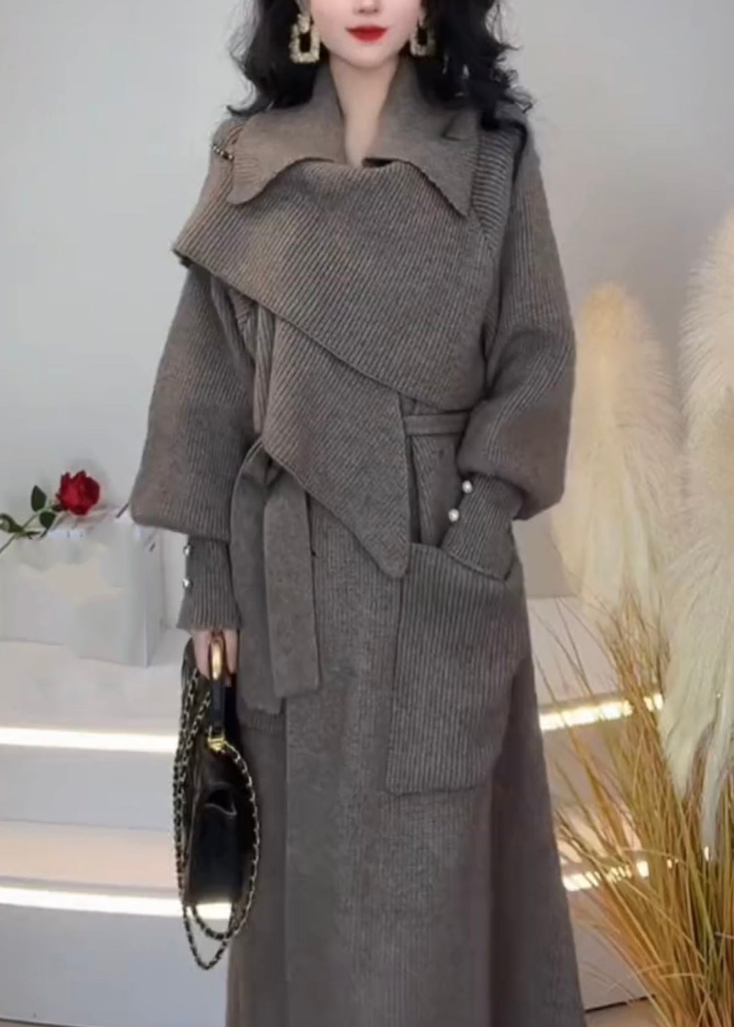 Grey Peter Pan Collar Pockets Tie Waist Knit Long Coats Spring