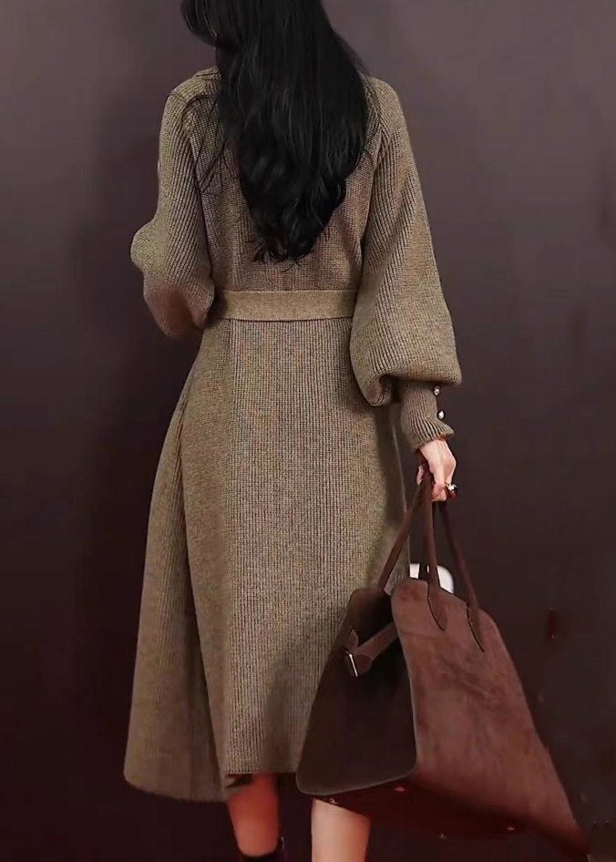 Grey Peter Pan Collar Pockets Tie Waist Knit Long Coats Spring