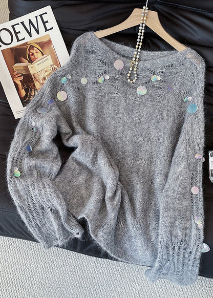 Grey Sequins Hollow Out Knitted Tops Fall