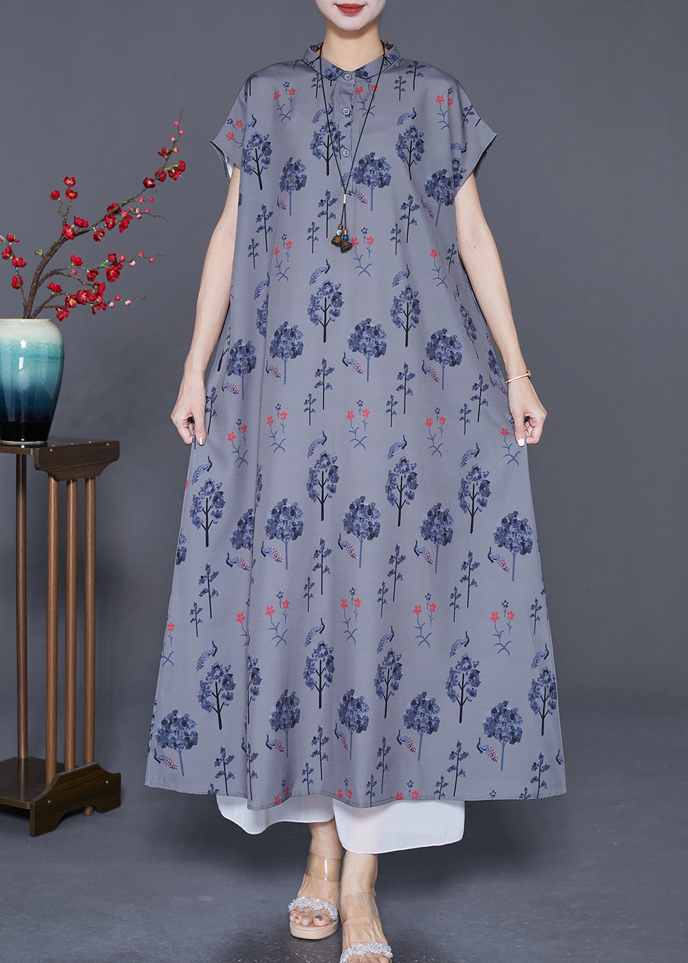 Grey Stand Collar Print Chiffon Maxi Dress Summer