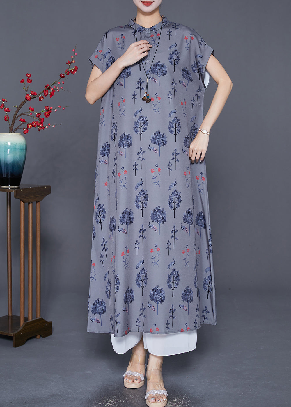 Grey Stand Collar Print Chiffon Maxi Dress Summer