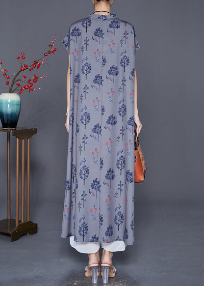 Grey Stand Collar Print Chiffon Maxi Dress Summer