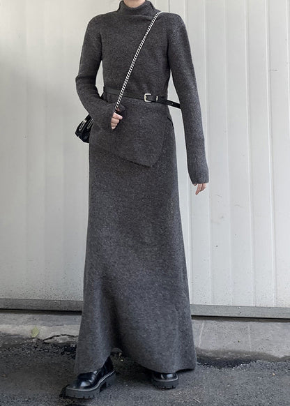 Grey Turtle Neck Asymmetrical Design Knit Two Pieces Set Winter