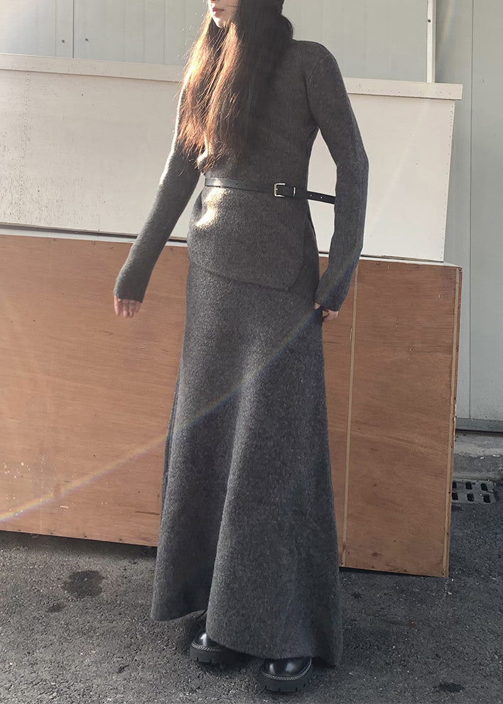 Grey Turtle Neck Asymmetrical Design Knit Two Pieces Set Winter