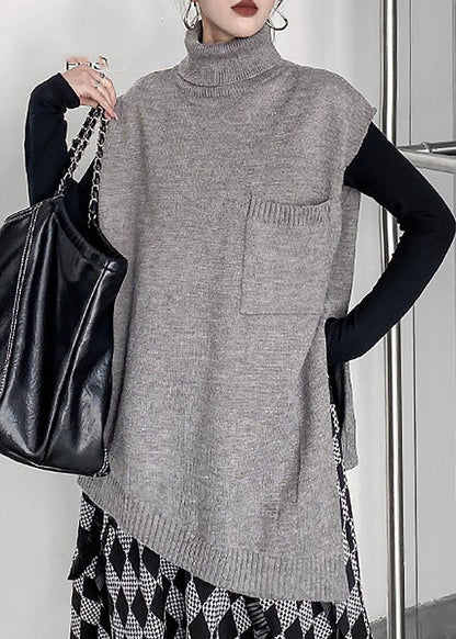 Grey Turtleneck Asymmetrical Thick Knit Waistcoat Spring